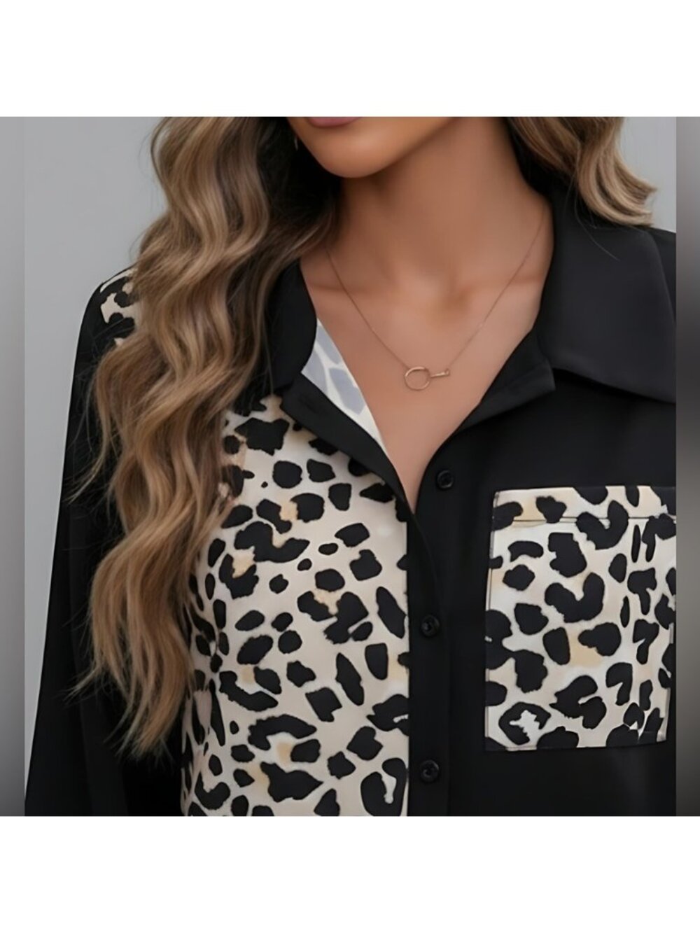 Black Leopard Print Lantern Sleeve Blouse - Picture 2 of 9
